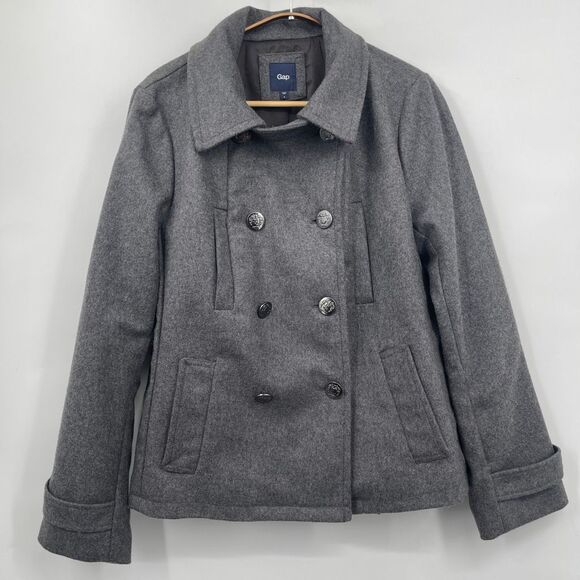 Gap Gray Long Sleeve Double Breasted Peacoat Wool Blend Jacket Size Large - Picture 1 of 10